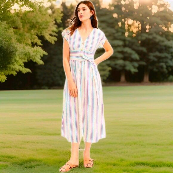 NWT Loft Midi Dress Size 4P Petite Rainbow Striped Button Down Tie Waist - Picture 1 of 5